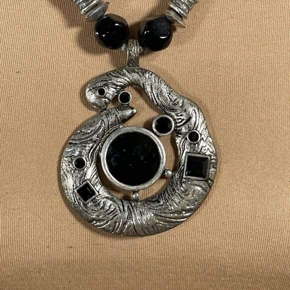 CJ Chunky Silver Tone Necklace Black Beaded Statement Long - Picture 2 of 6